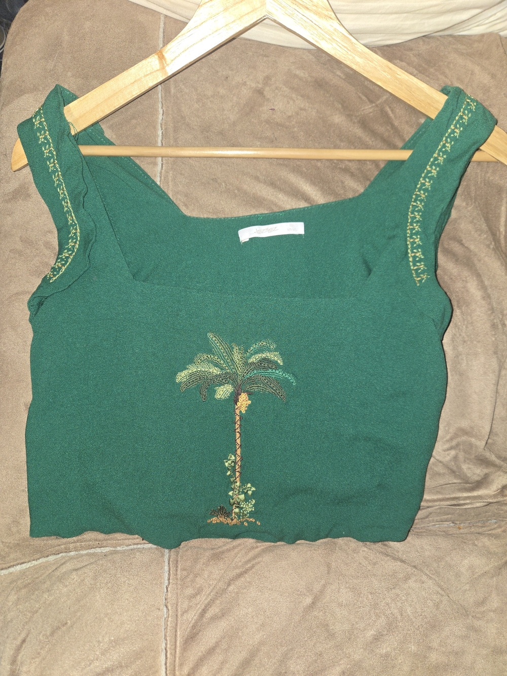Lez Lez XS Emerald Green Palm Embroidered Crop Top With Square Neckline